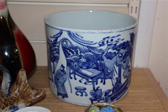 A quantity of Chinese and other porcelain including tea bowls, a bottle vase and a large blue and white brush pot